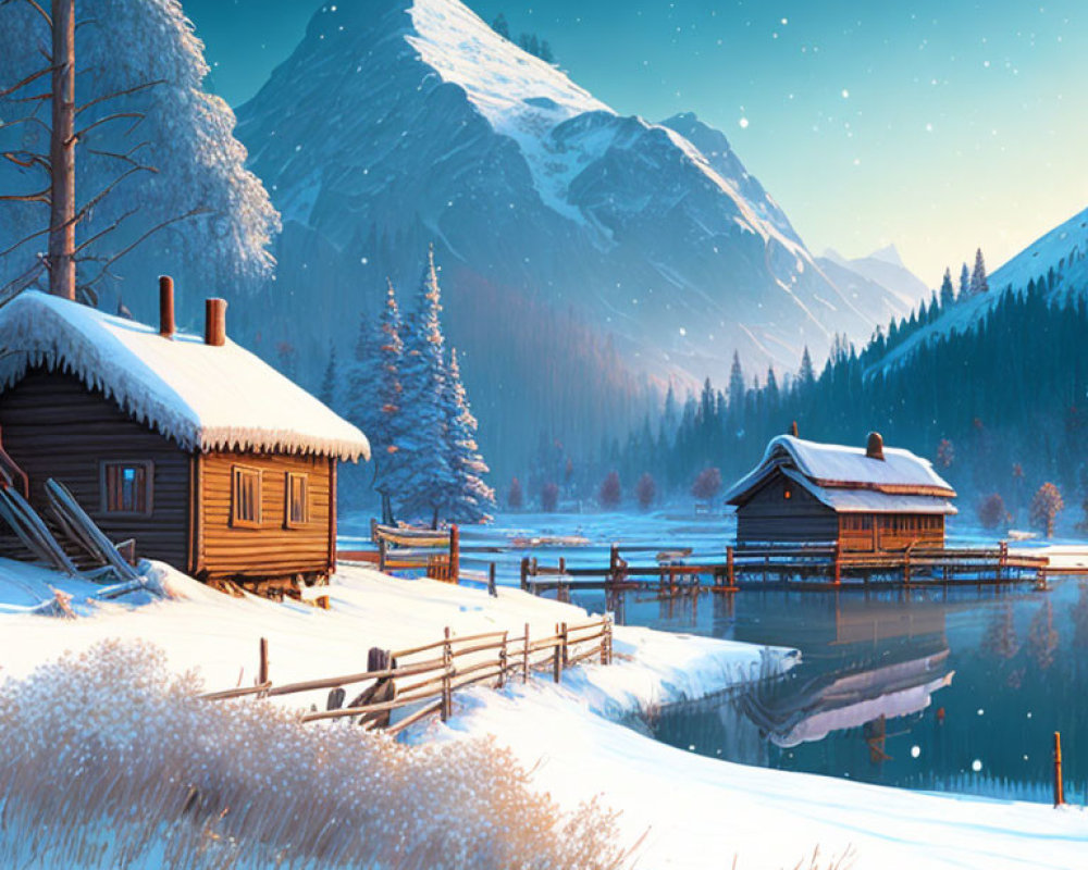 Winter Twilight: Snowy Cabins, Lake, Mountains