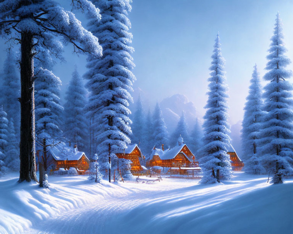 Snow-covered trees and cozy cabins in tranquil winter forest