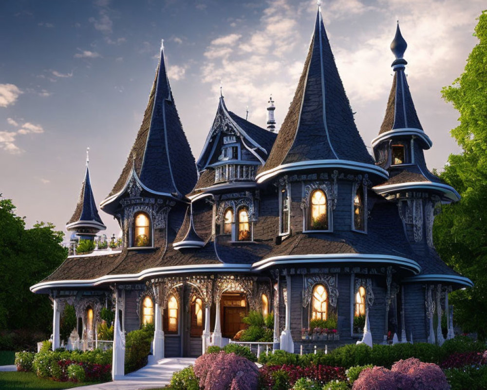 Victorian-style mansion with spires and gardens at twilight