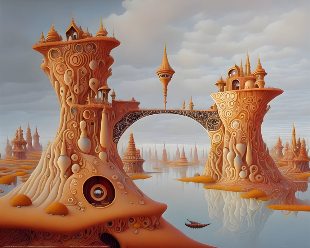 Surreal landscape with ornate tower structures and bridge over calm waters