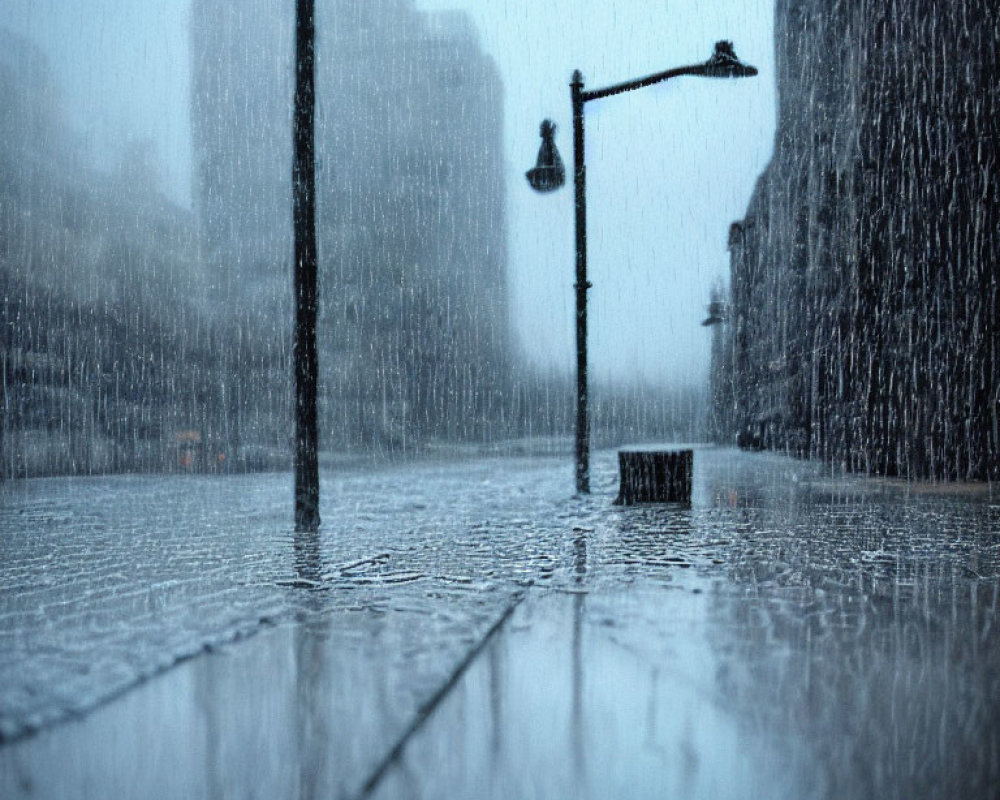 Rainy cityscape with blurred view and street lamps, bench, and heavy rain.