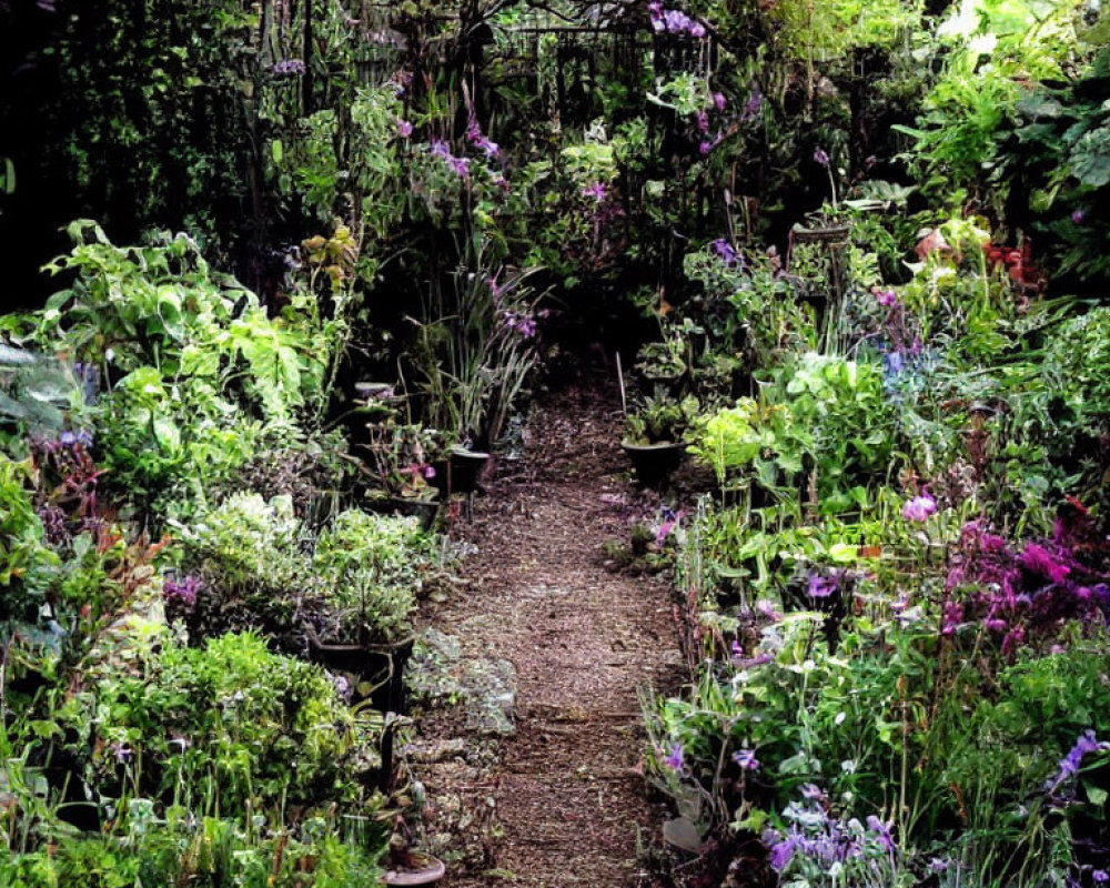 Tranquil garden path with lush flowers and green archway