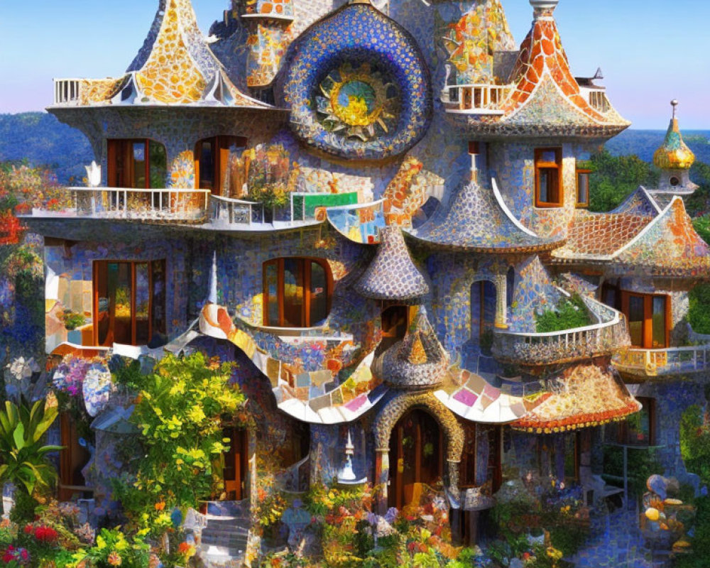 Whimsical castle with mosaic-tiled towers in lush greenery