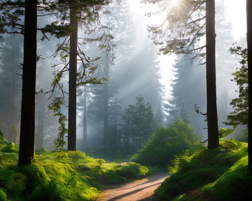 Misty forest with sunlight on winding path