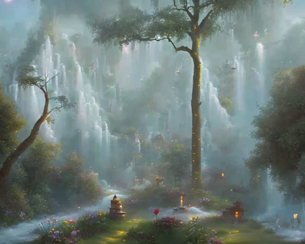 Mystical forest glade with large tree, waterfalls, lanterns, and flowers in soft