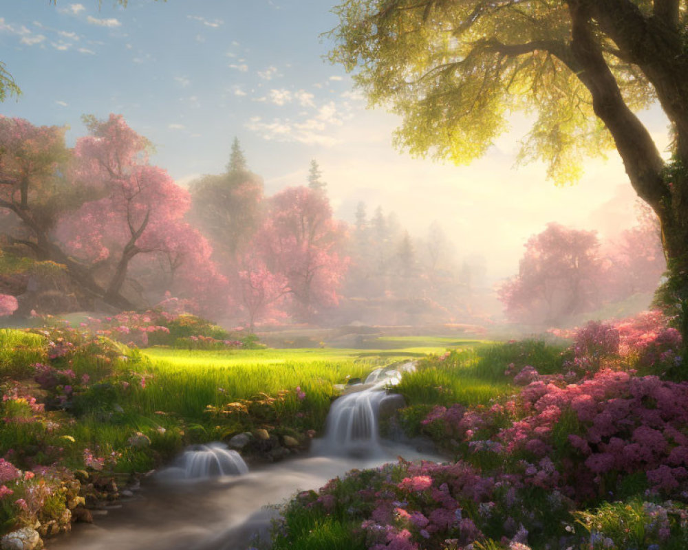 Tranquil landscape with blooming pink trees and gentle stream