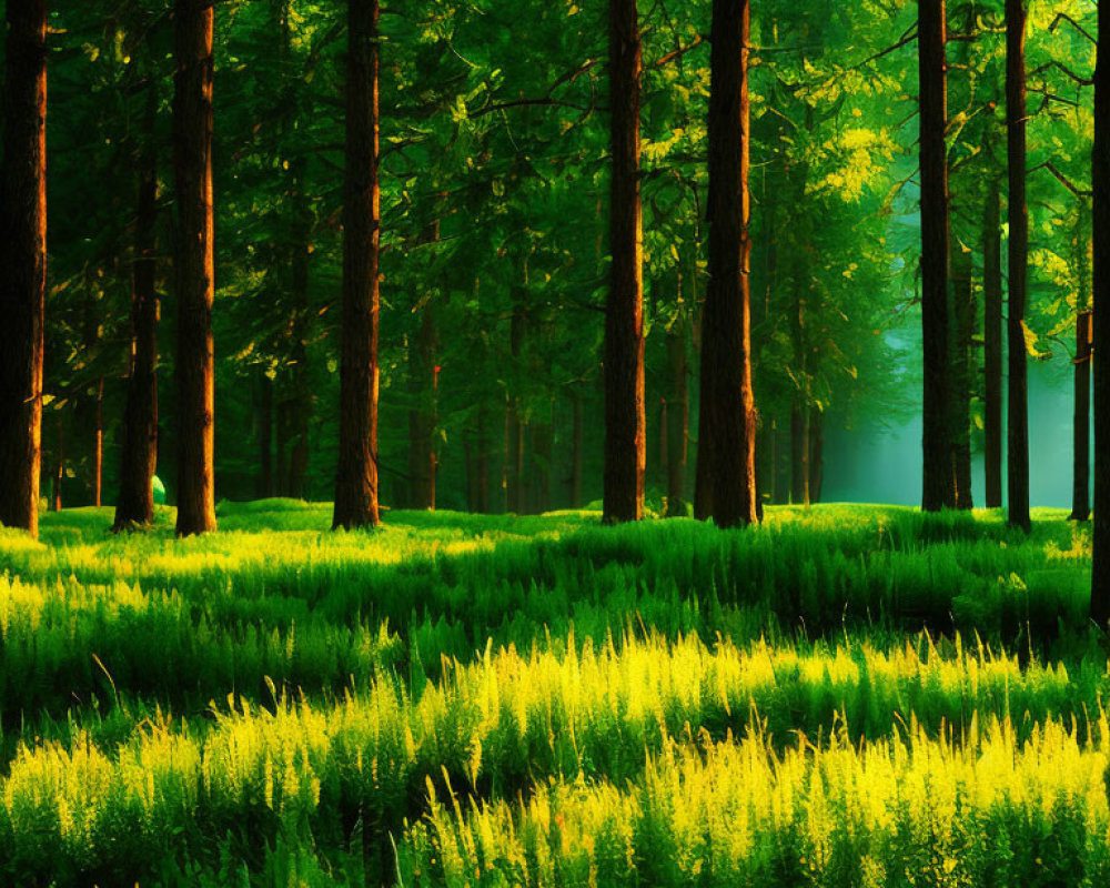 Lush forest with tall trees and sunlit green grass