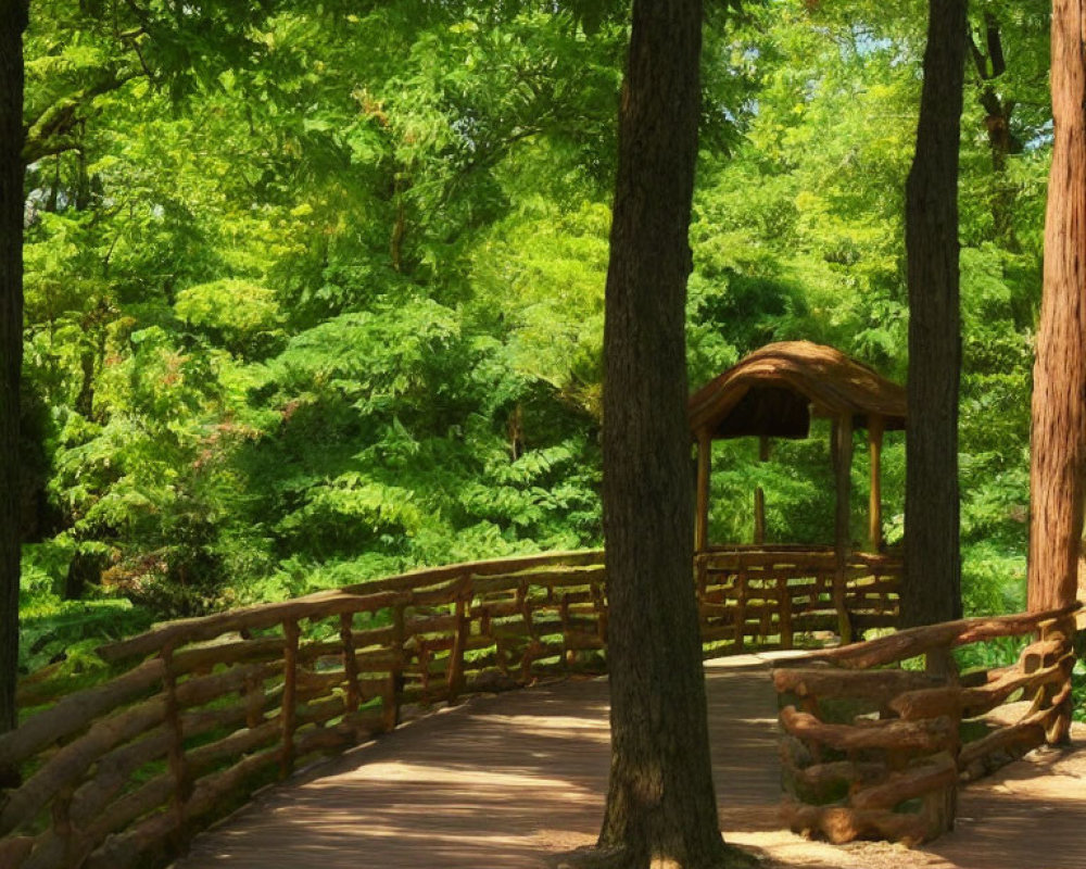 Tranquil park pathway with lush green foliage and gazebo among tall trees