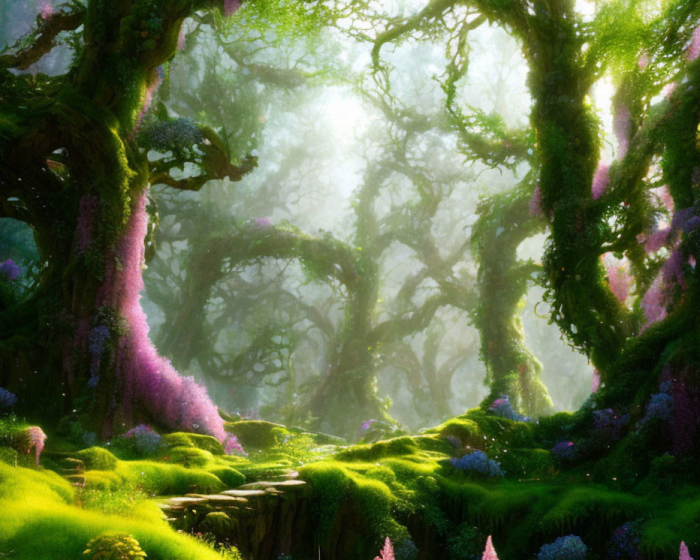 Enchanted forest with twisted trees, green moss, and purple flowers