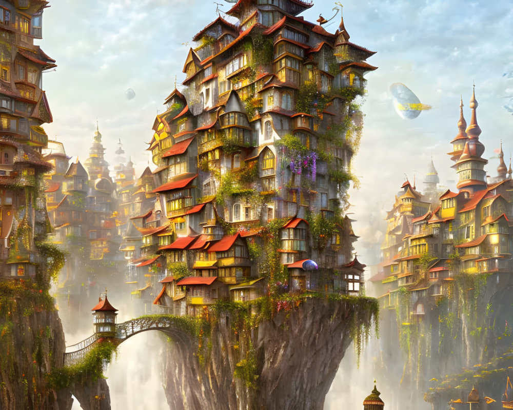 Fantastical cityscape with towering structures and bridges under a warm sunlit sky