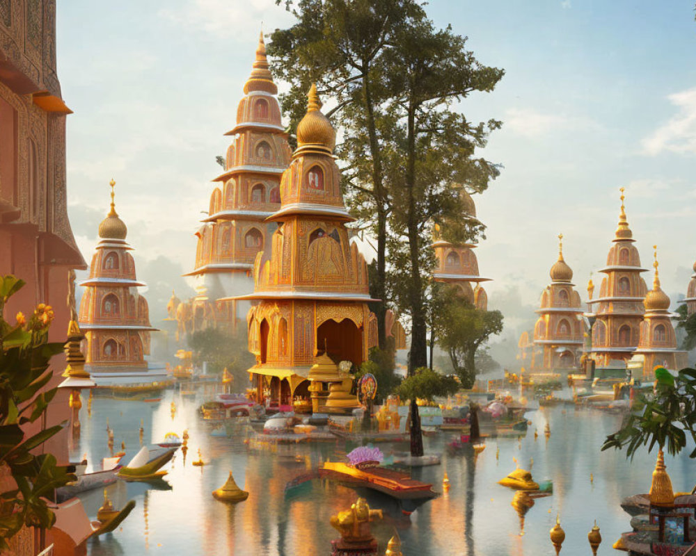 Golden-domed buildings and colorful boats on tranquil waters under a warm sky