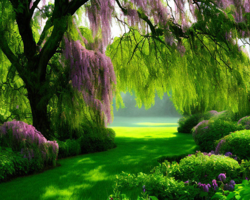 Vibrant green grass, purple flowers, weeping willow trees in soft sunlight