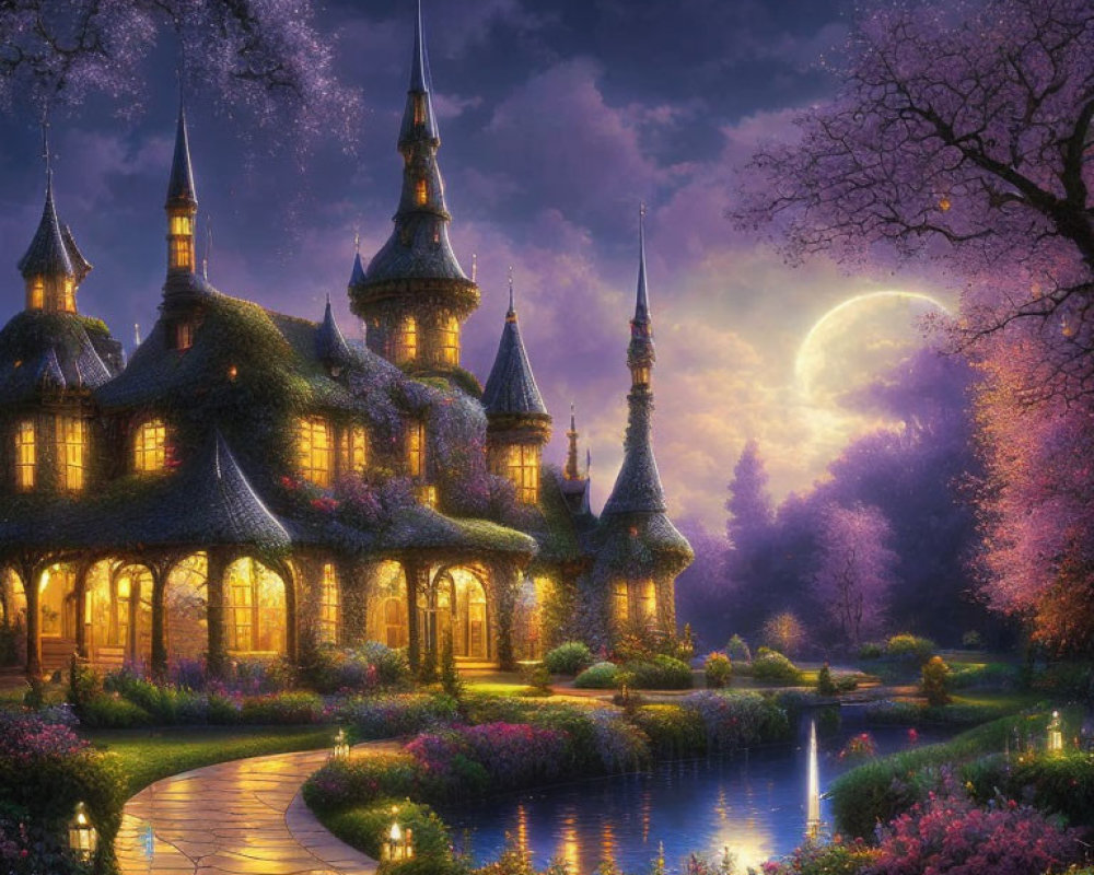 Enchanting fairytale castle at twilight with glowing windows, lush gardens, tranquil pond, moon