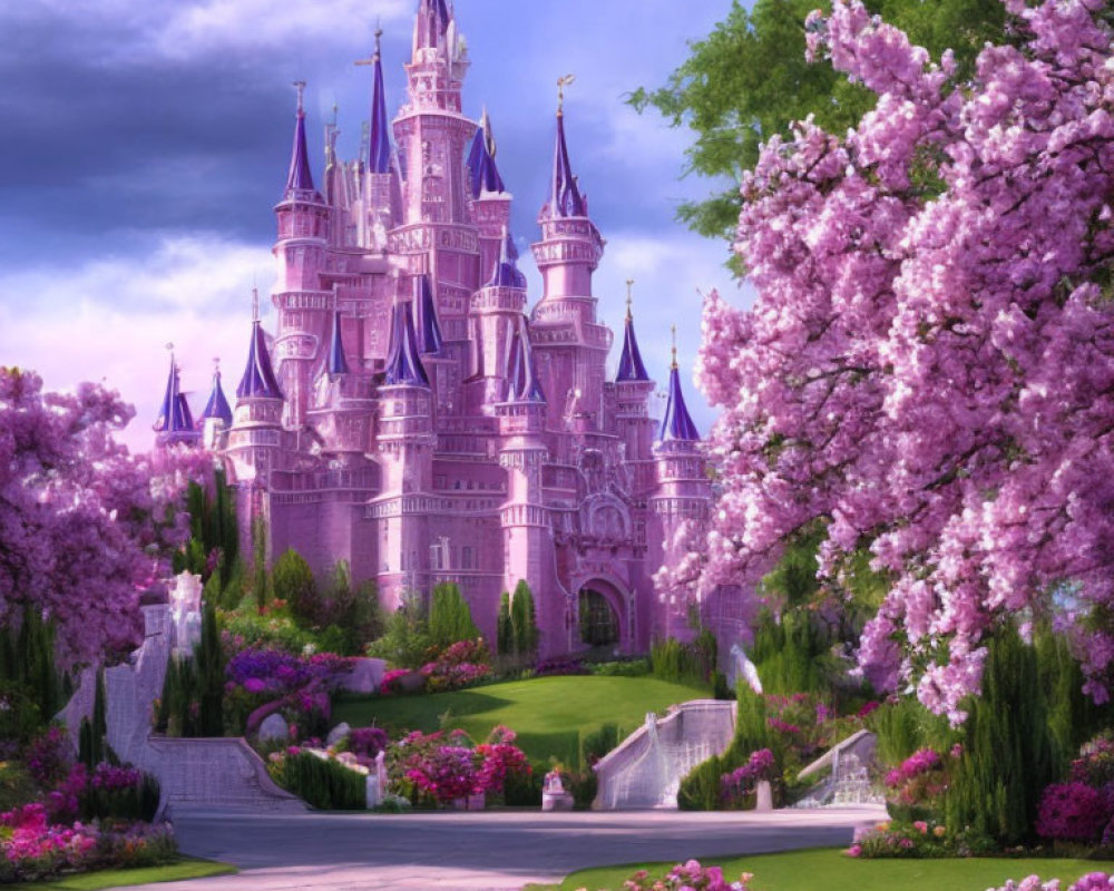 Majestic fairytale castle with spires in lush garden under purple sky