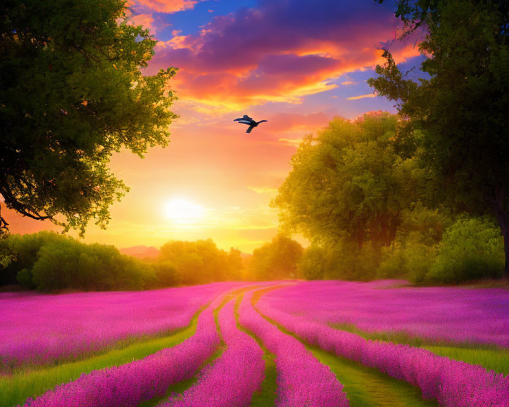 Colorful sunset scene with bird flying over lavender field and trees