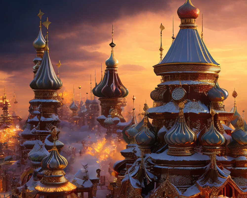 Illuminated Winter Scene with Ornate Onion Domes at Twilight