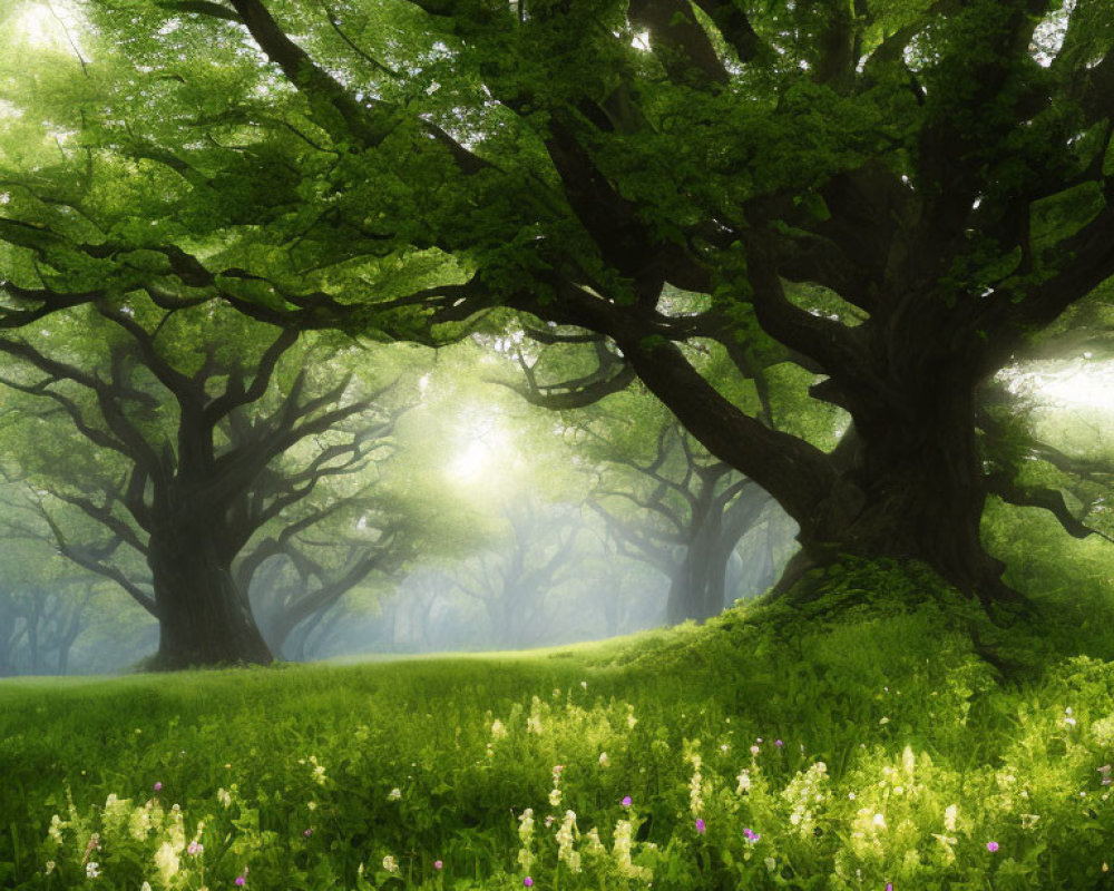 Sunlit Forest Glade with Ancient Trees and Wildflowers