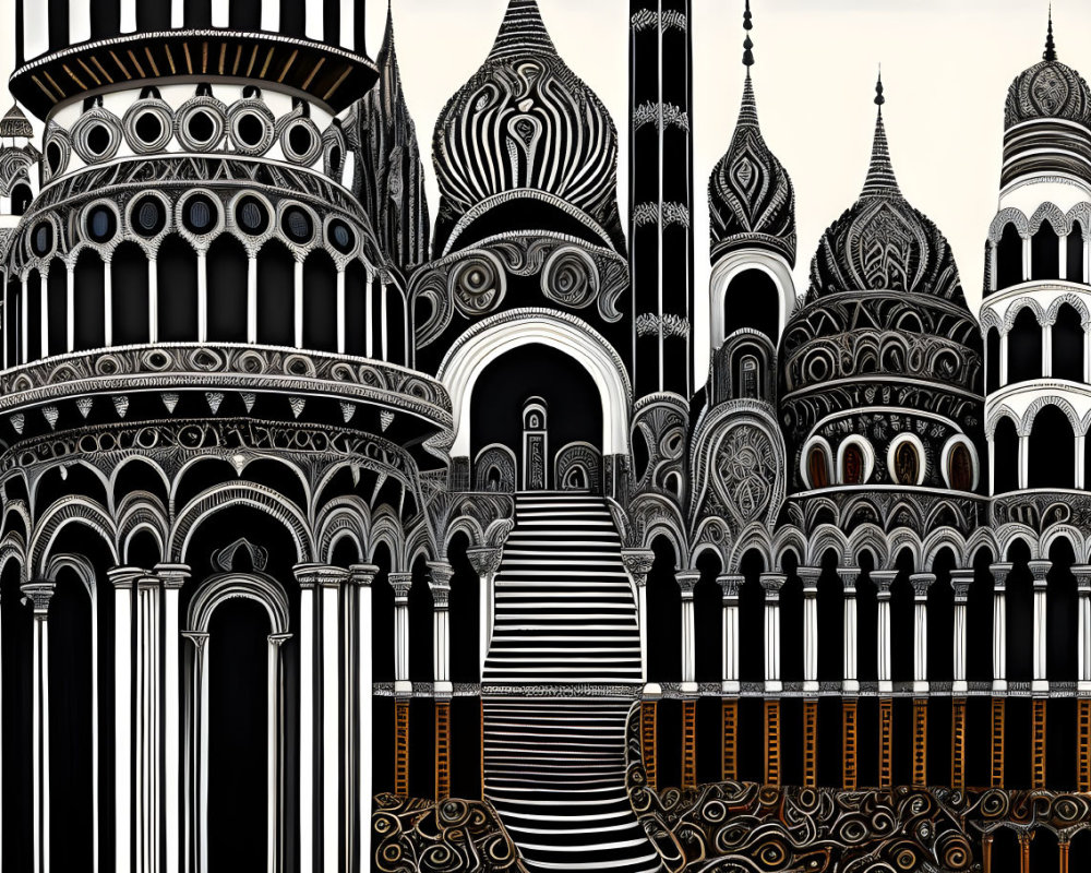 Monochromatic illustration of ornate architectural fantasy with domes and arches