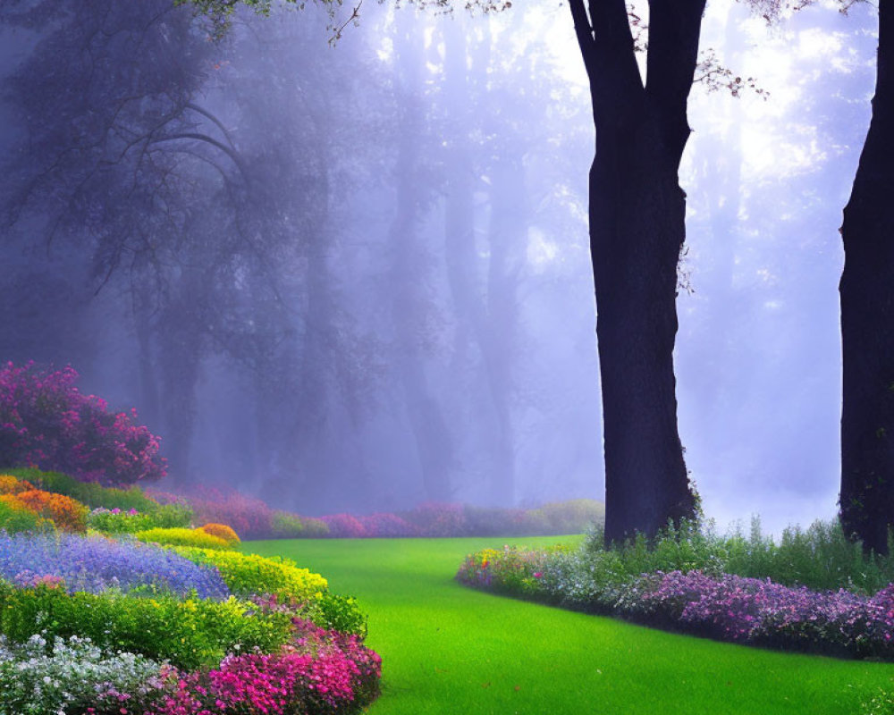 Tranquil garden with vibrant flowers, lush grass, towering trees, mist, soft sunlight