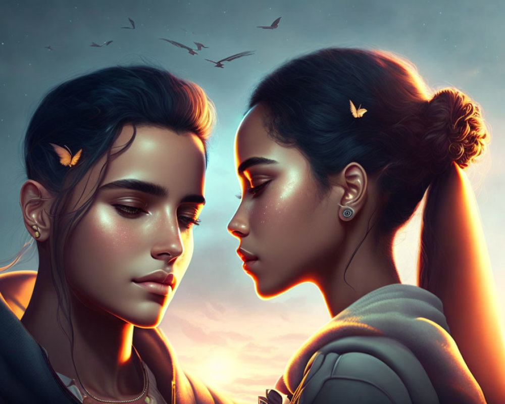 Two women with butterflies in warm sunset glow under dusk sky