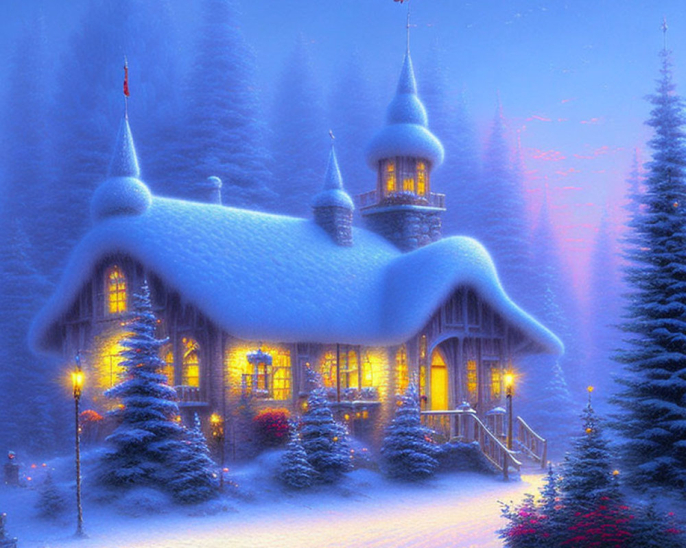 Snow-covered cottage in twilight surrounded by frosty pines.