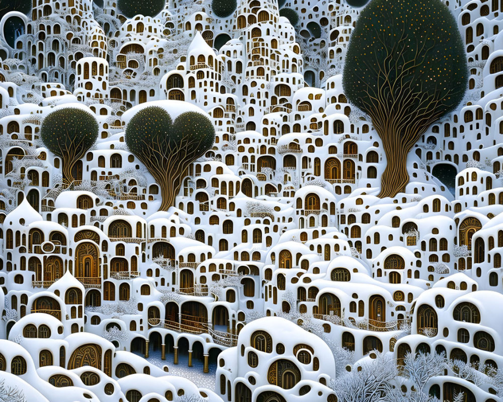 Snow-covered landscape with whimsical buildings and trees in a magical winter village