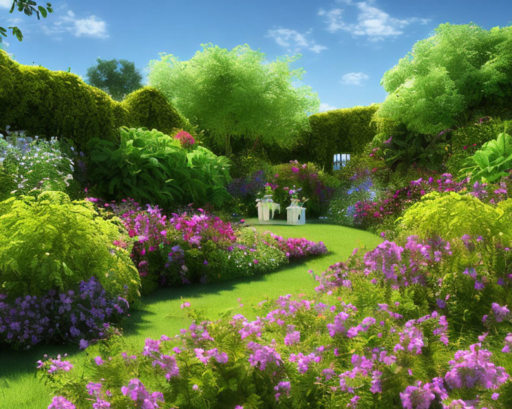 Vibrant flower garden with white bench under sunny sky