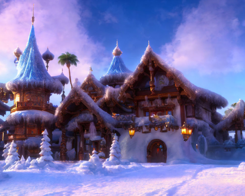 Snow-covered whimsical cottage in enchanted winter scene