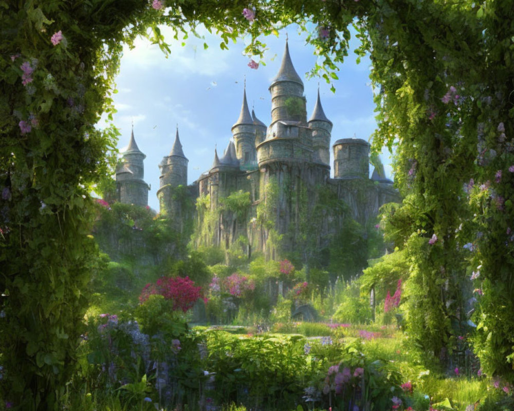 Castle surrounded by lush greenery and blooming flowers under a leafy archway.