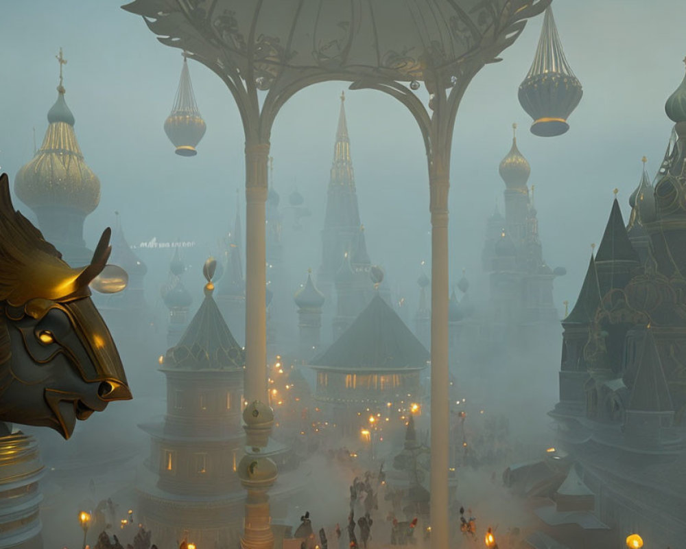 Misty cityscape with onion domes, golden bull sculpture, and wandering people