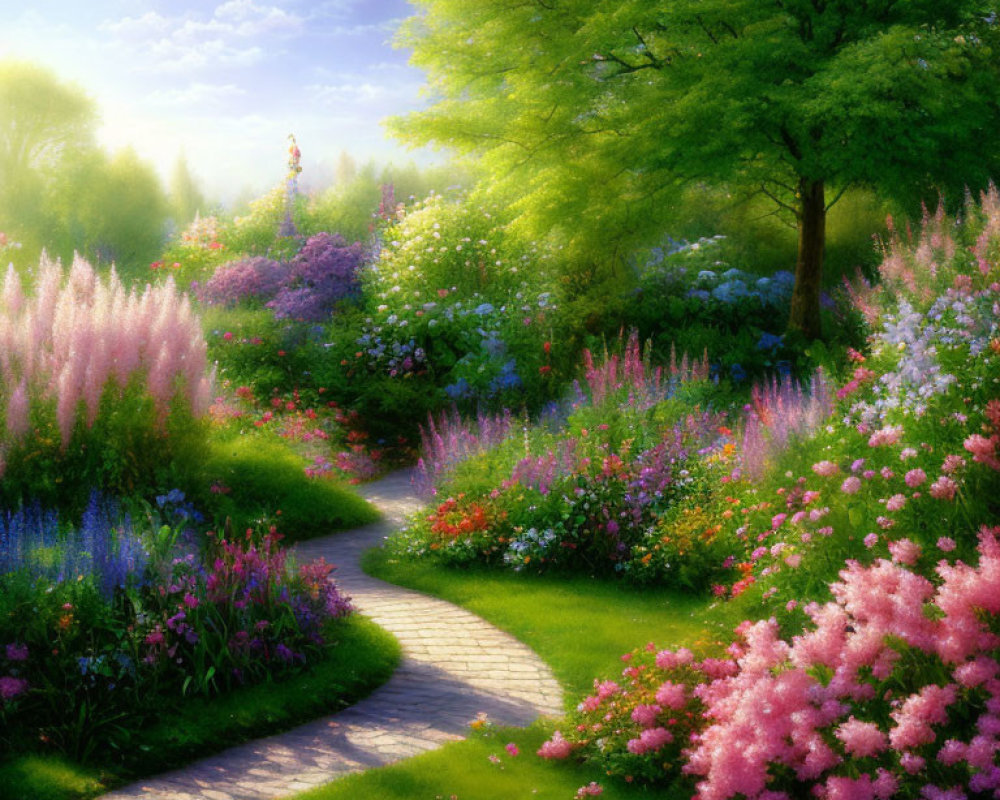 Scenic stone path in lush garden with vibrant trees and flowers