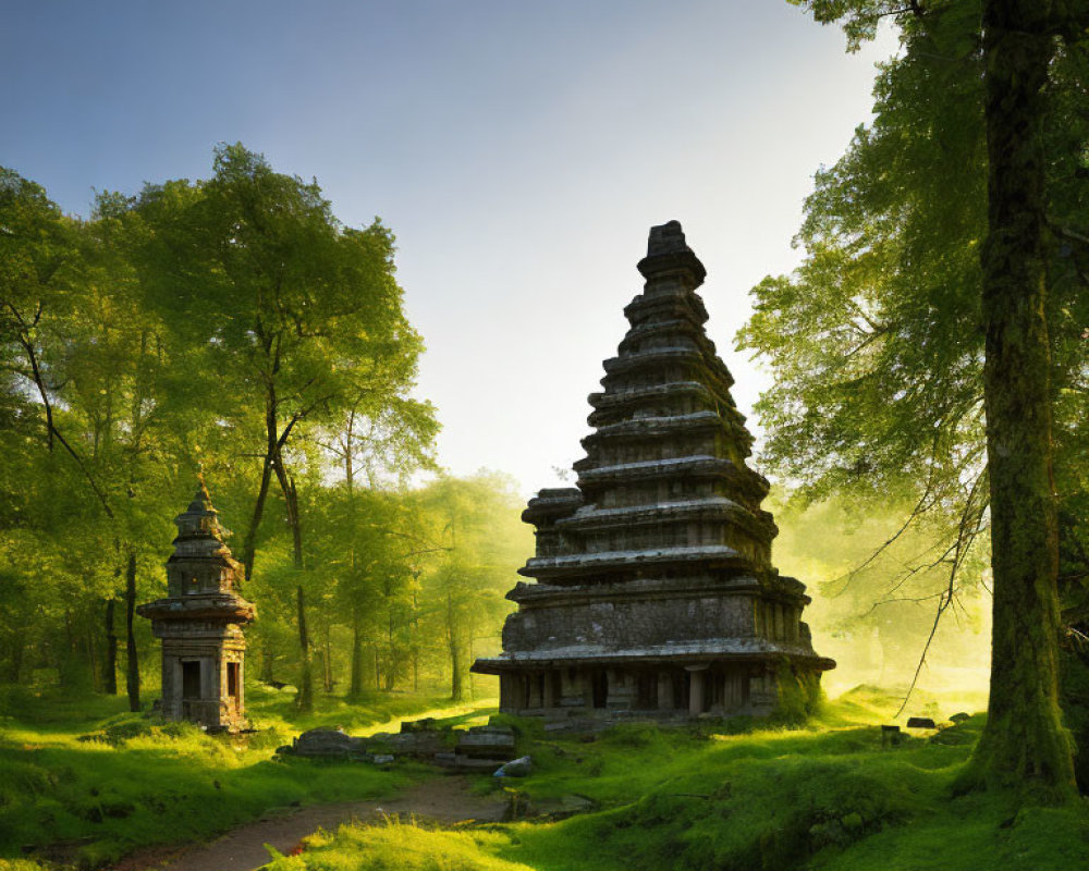 Stone temples in lush forest with sunlight filtering through trees