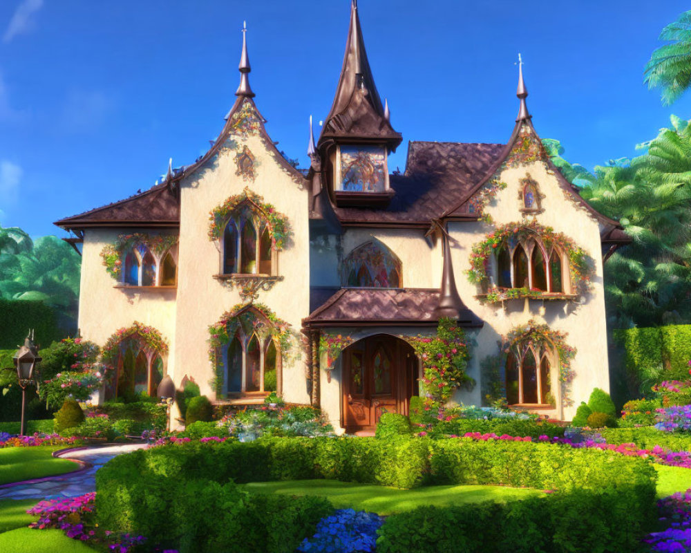 Digital art: Fairytale cottage in lush garden under blue sky