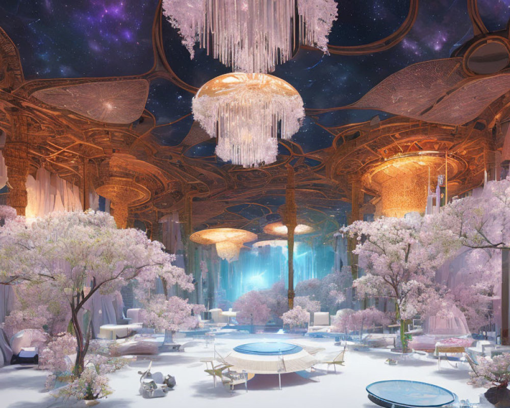 Elegant indoor hall with cherry blossoms, chandeliers, wooden ceilings, and starry sky