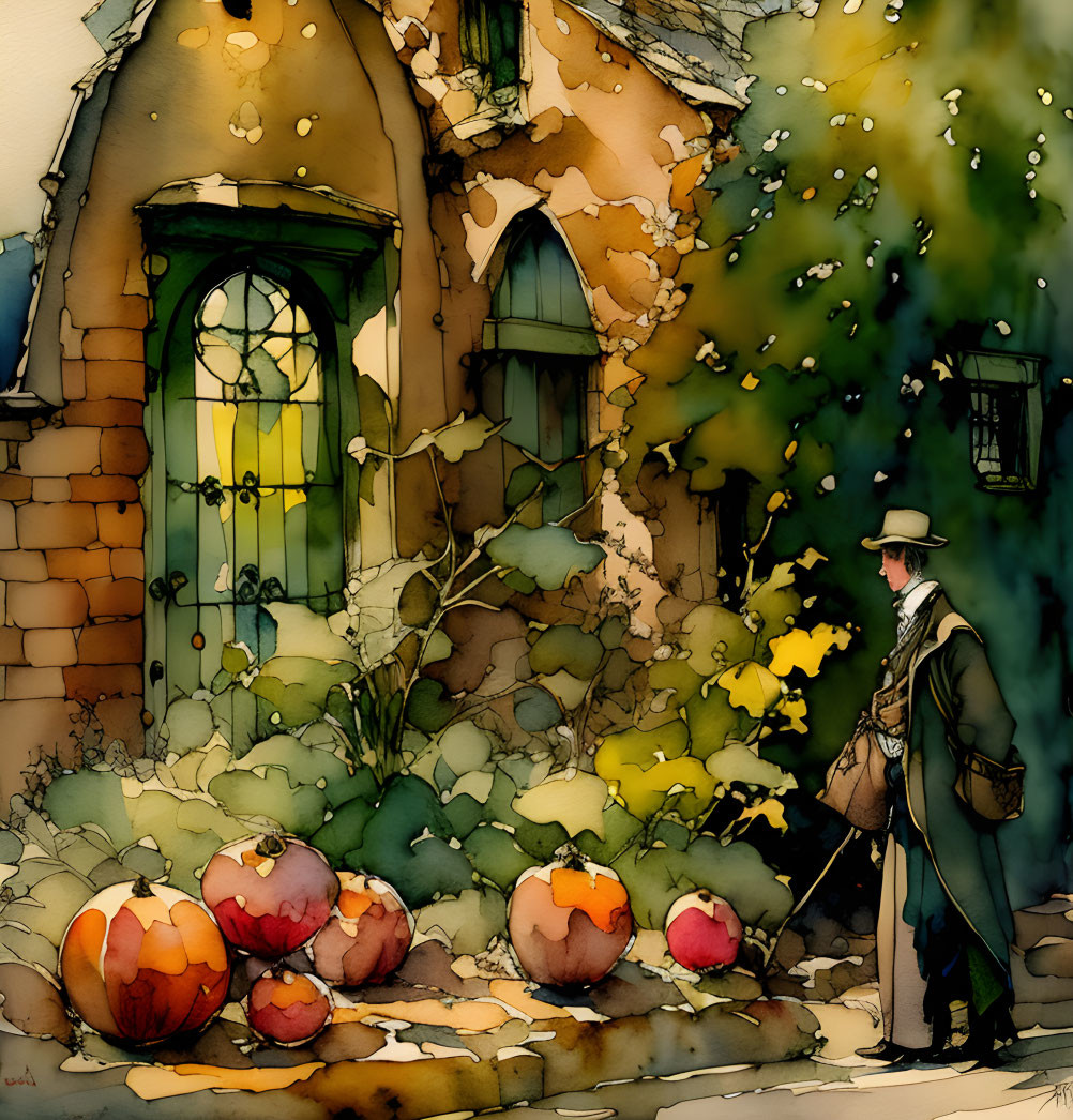 Victorian gentleman outside quaint stone cottage with pumpkins