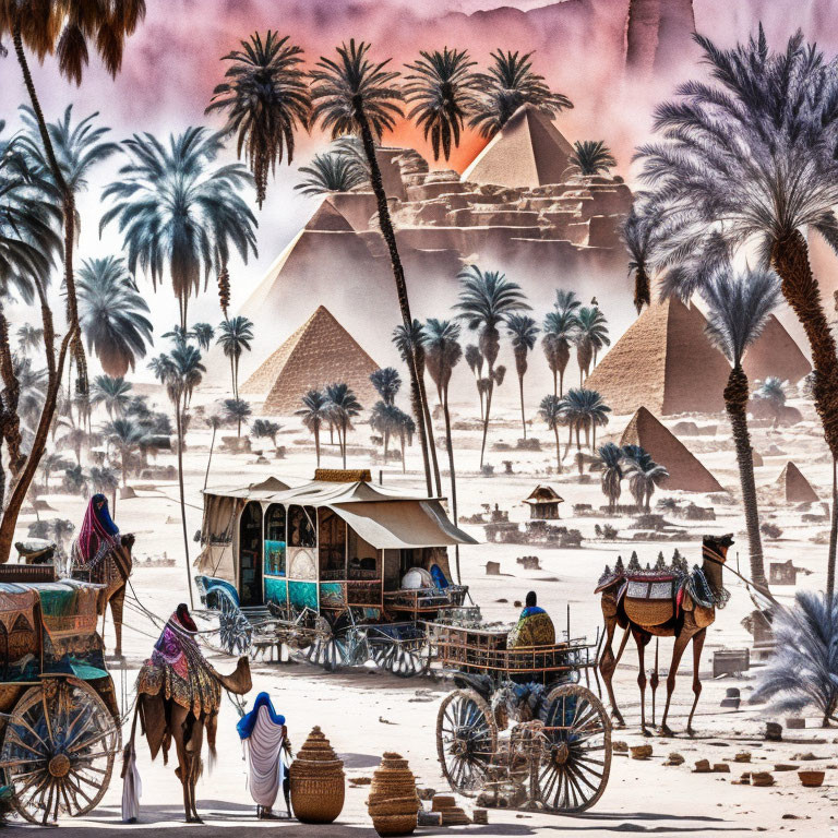 Historic and exotic scene with camels, people, carriage, palms, and pyramids under pink