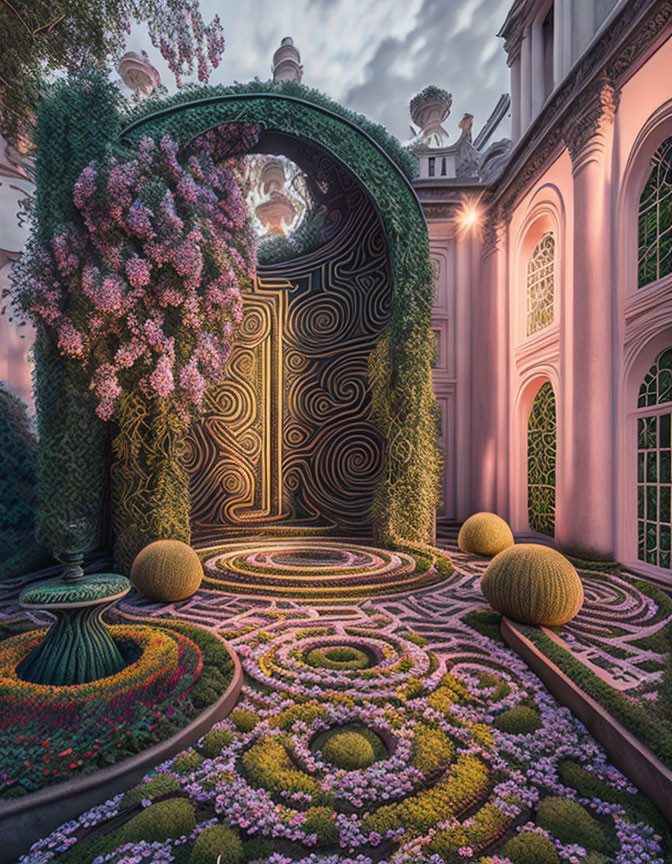 Ornate garden with patterned hedges, colorful flowers, topiary spheres, and swirling