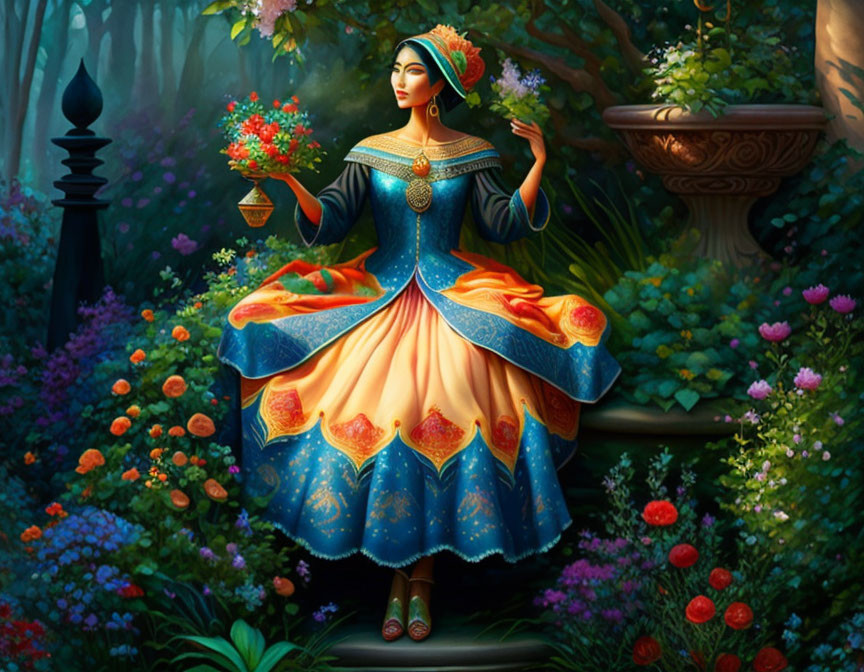 Illustrated woman in blue and orange dress with bouquet in enchanted forest