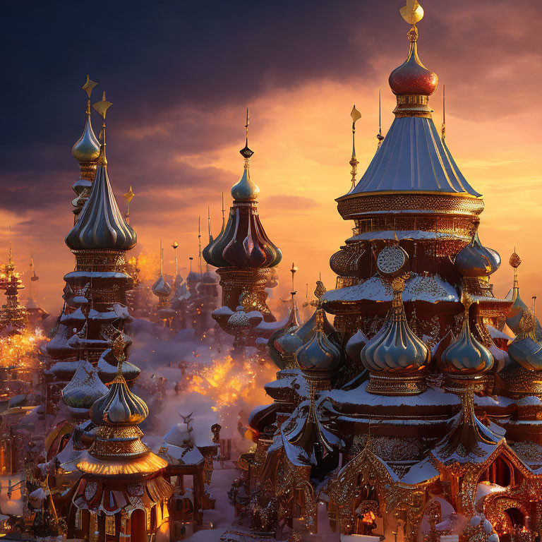 Illuminated Winter Scene with Ornate Onion Domes at Twilight