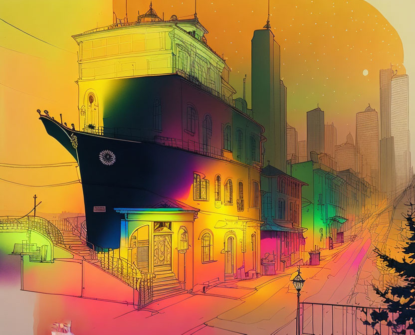 Colorful ship in vibrant city street at sunset