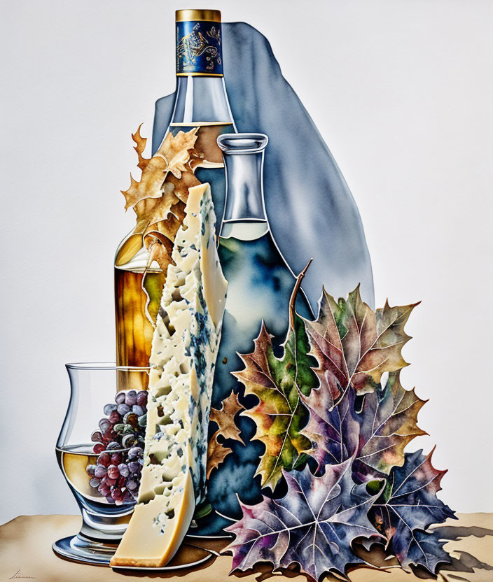 Still-life painting with whisky bottle, glass, cheese, grapes, and autumn leaves.