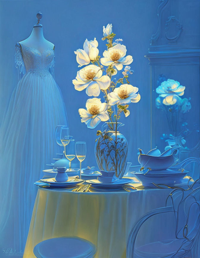 Blue-toned still life with gown, flowers, teapot, cups, and glasses