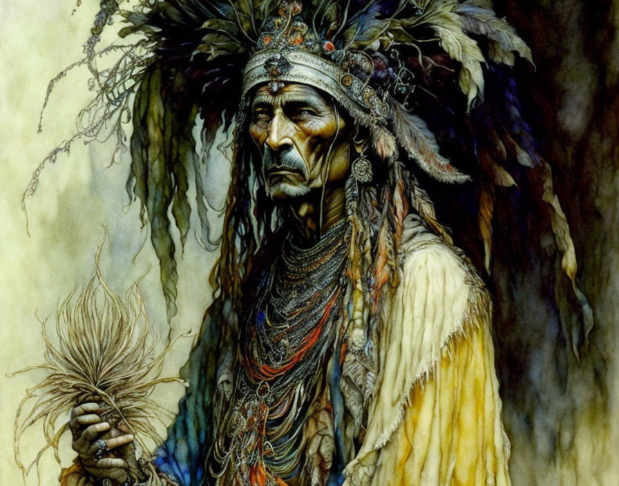 Native American Elder in Traditional Attire with Feathered Headdress