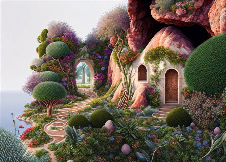 Whimsical Fantasy Landscape with Treehouses, Path, and Ocean View