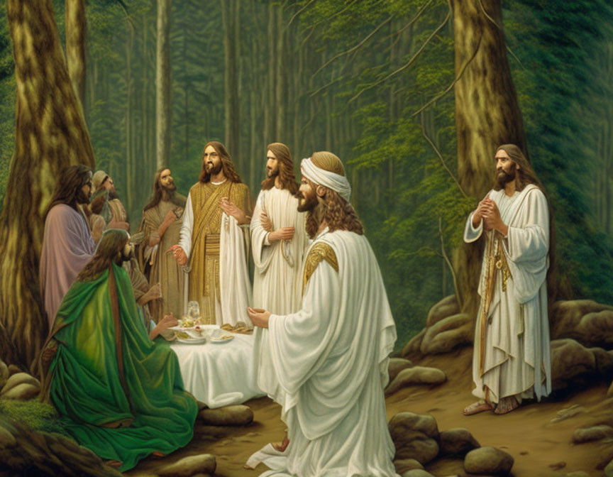 Religious painting of Jesus and disciples dining in a forest setting