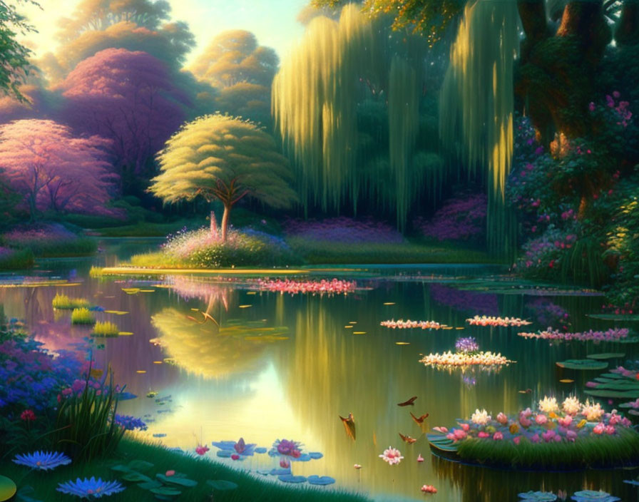 Tranquil fantasy landscape with pond, lilies, willows, and colorful trees at twilight