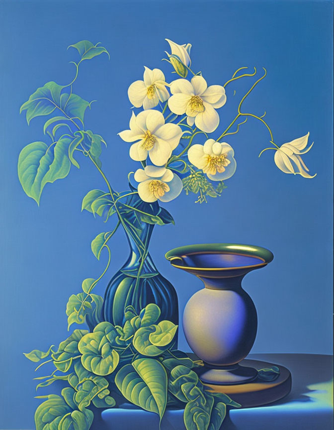 Realistic painting of white flowers in blue vase with gold-rimmed pot on blue background