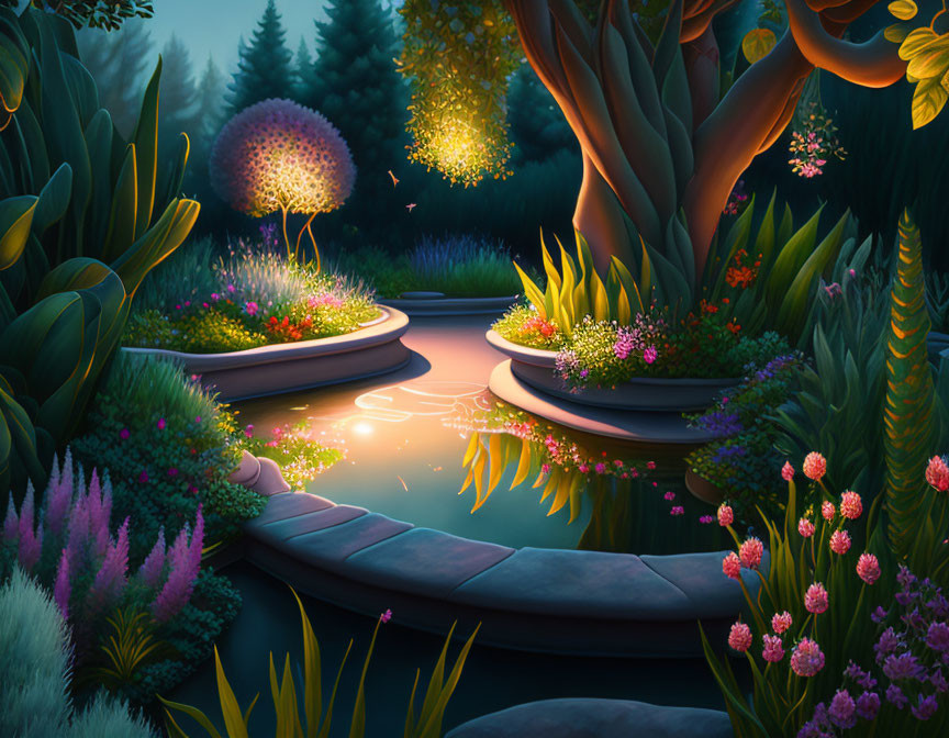 Enchanting Nighttime Garden with Glowing Flowers and Serene Pond