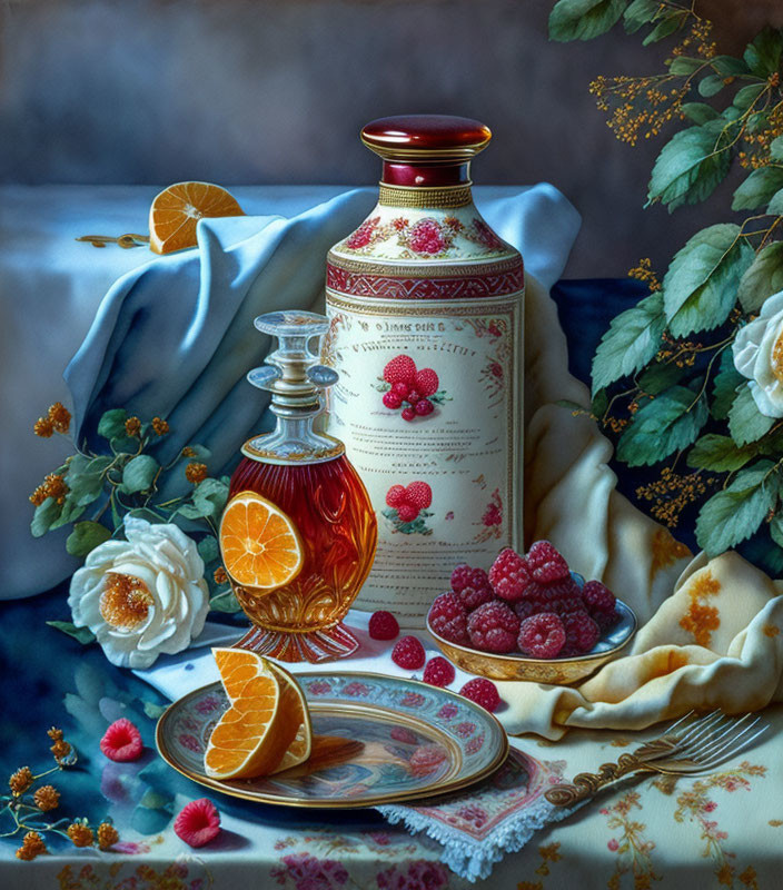 Ornate Bottle, Glass with Fruit, Berries on Plate, White Roses Still Life