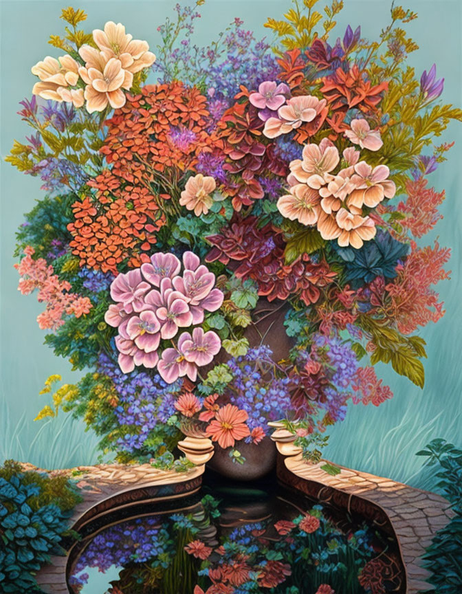 Colorful Flower Bouquet in Classic Vase Reflecting in Mirror